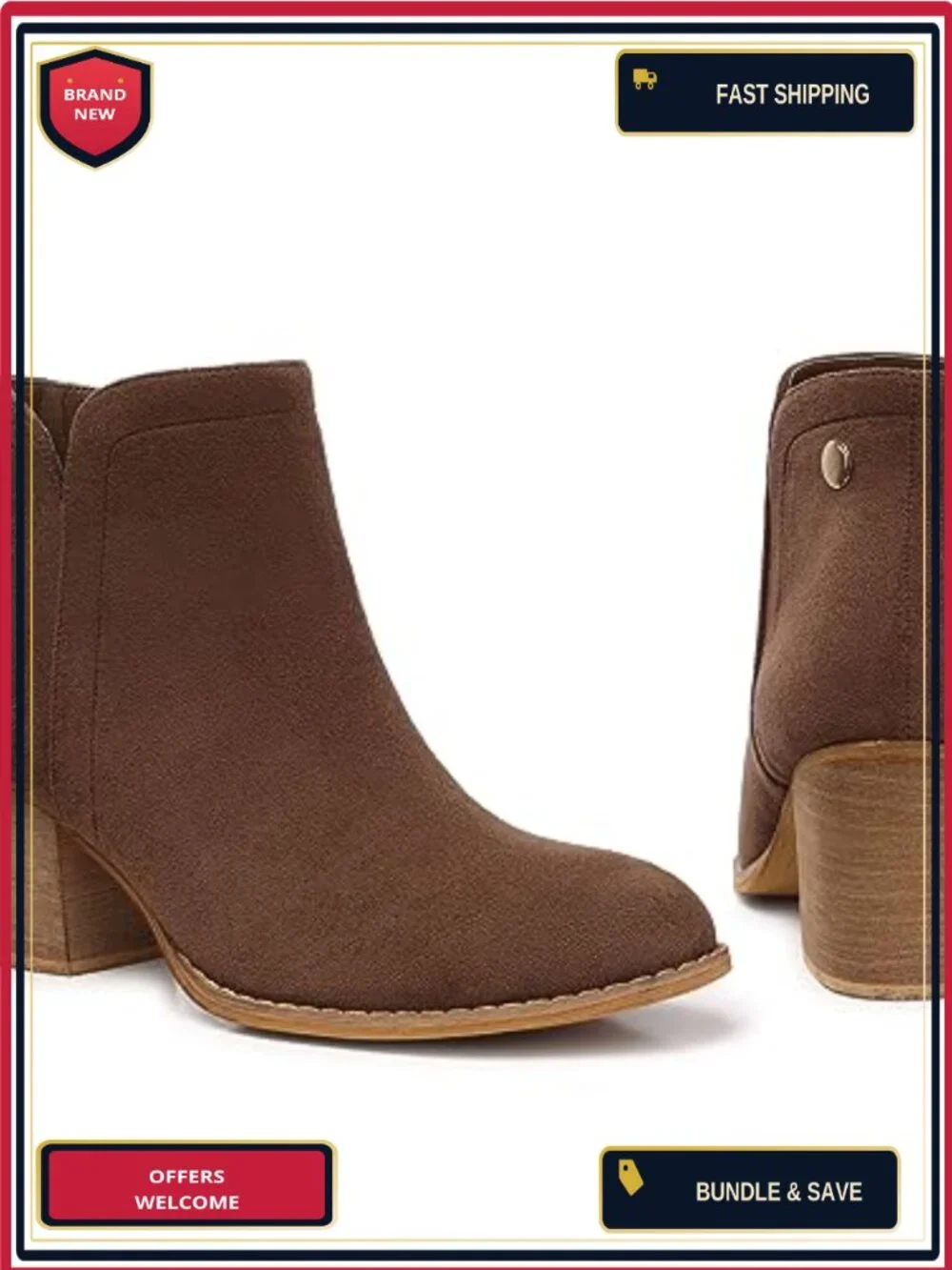 Chunky Low Heeled Almond Toe Ankle Booties Side Zipper Faux Suede